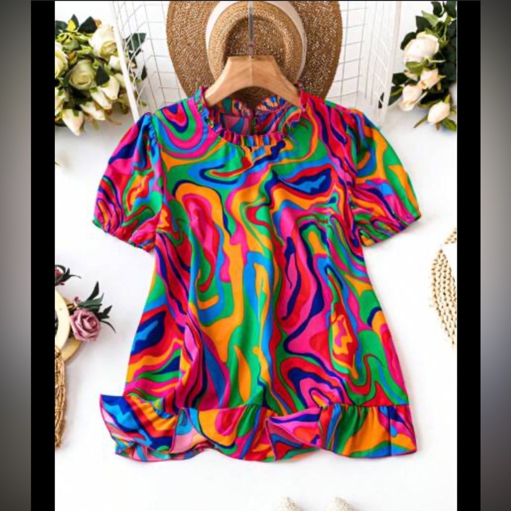 Emery RosePlus Marble Print Ruffle Collar Blouse For Summer Carnival 1x